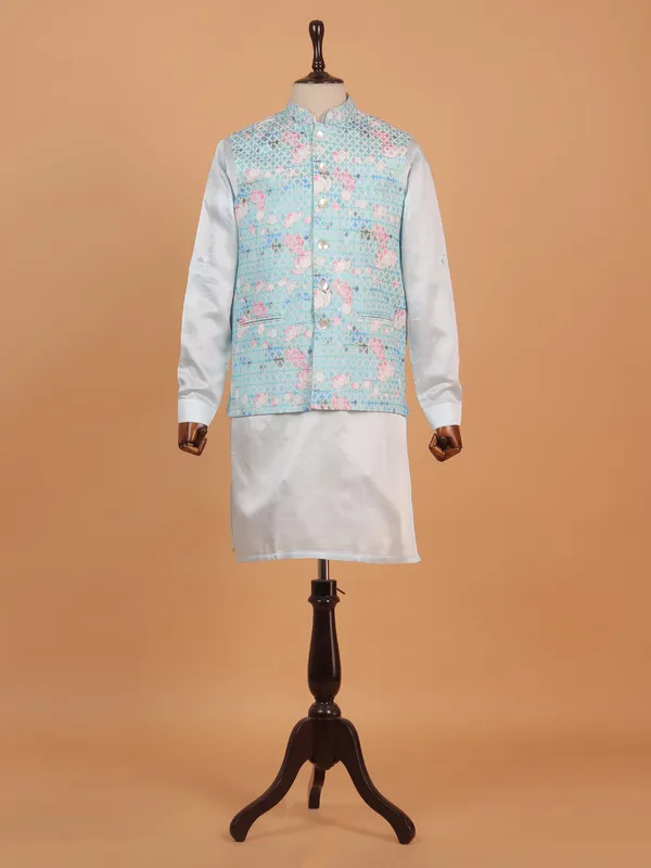 Trendy sky blue printed silk waistcoat set for men