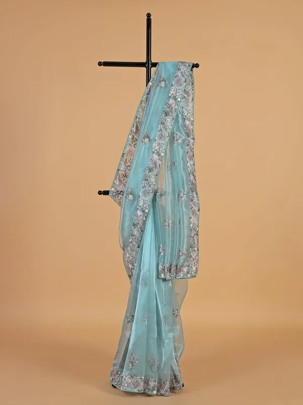 Trendy sky blue saree in organza