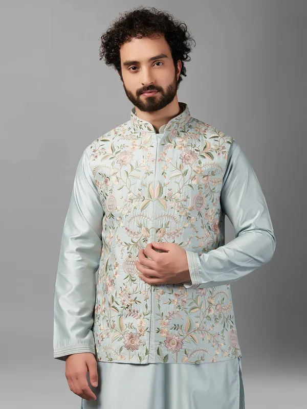 Trendy sky blue silk waistcoat set