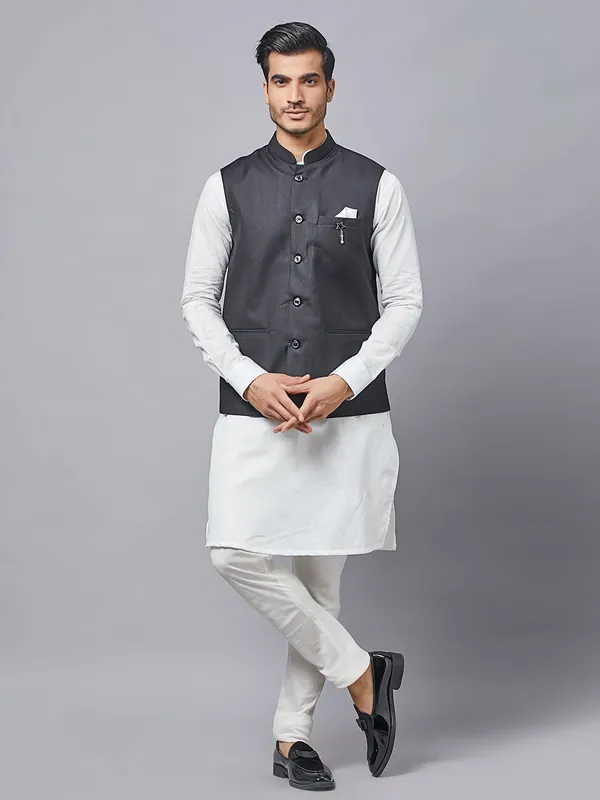 Trendy solid black cotton waistcoat set