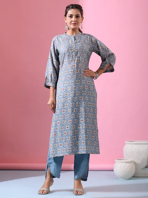 Trendy stone blue printed cotton kurti set