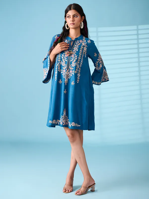 Trendy teal blue silk kurti