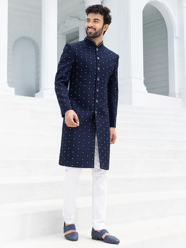 Trendy textured navy blue Indowestern for men