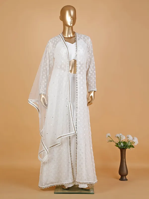 Trendy white georgette jacket style palazzo suit