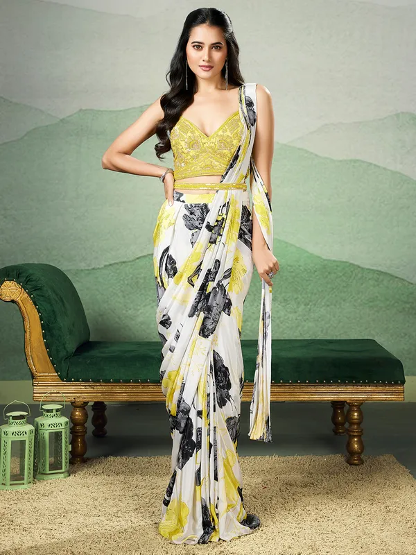 Trendy white printed ready to wear saree