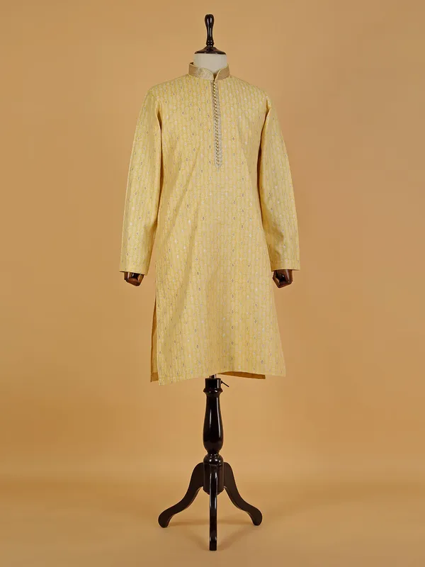 Trendy yellow printed silk kurta suit