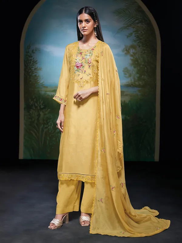 Trendy yellow silk palazzo suit with dupatta