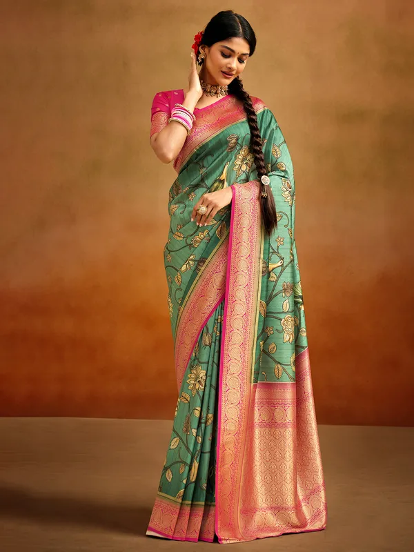 Tsser silk dark green saree