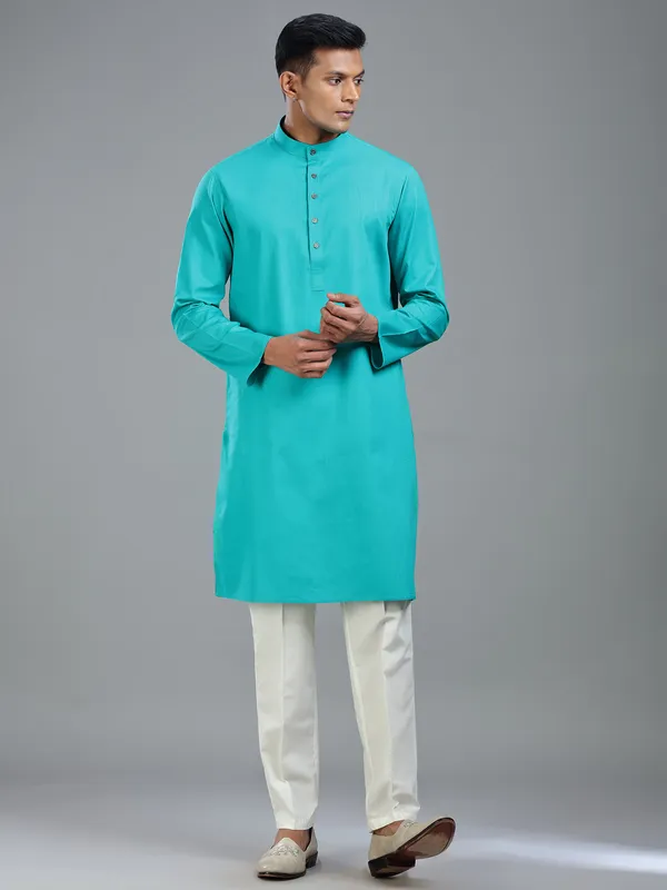 Turkish blue plain yet stylish kurta suit for men