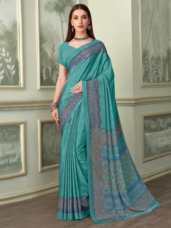 Turquise blue casual wear crepe saree