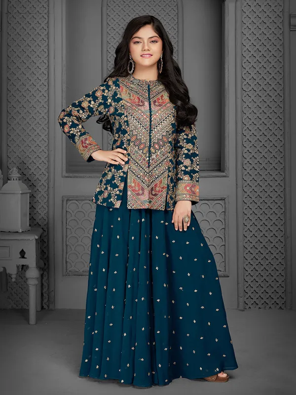 Turquoise blue jacket style salwar suit