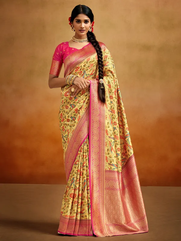 Tusser silk yellow saree for wedding