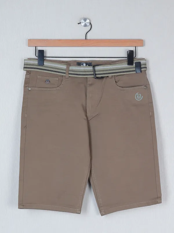 TYZ beige solid cotton mens casual shorts