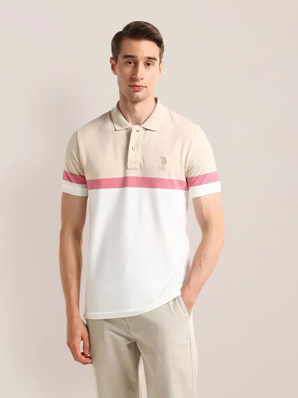 U S POLO ASSN beige cotton t-shirt with cutaway collar