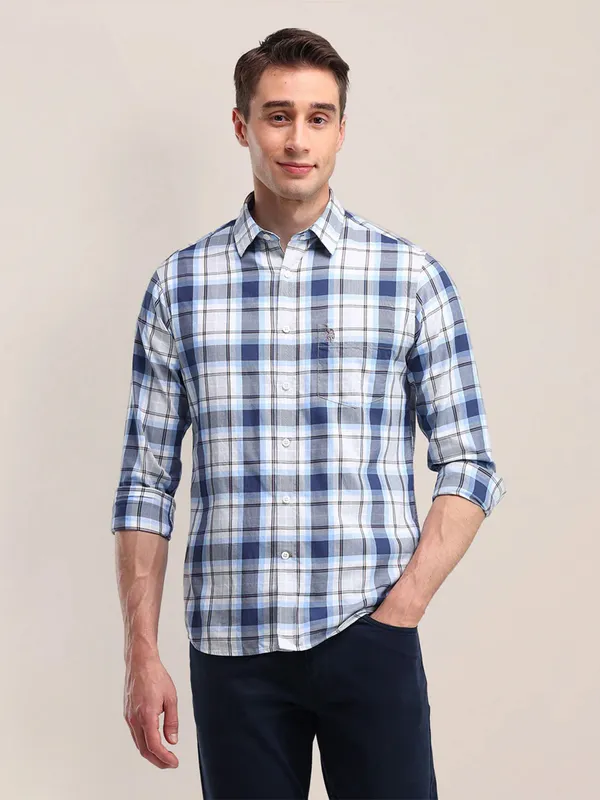 U S POLO ASSN blue cotton shirt in checks pattern