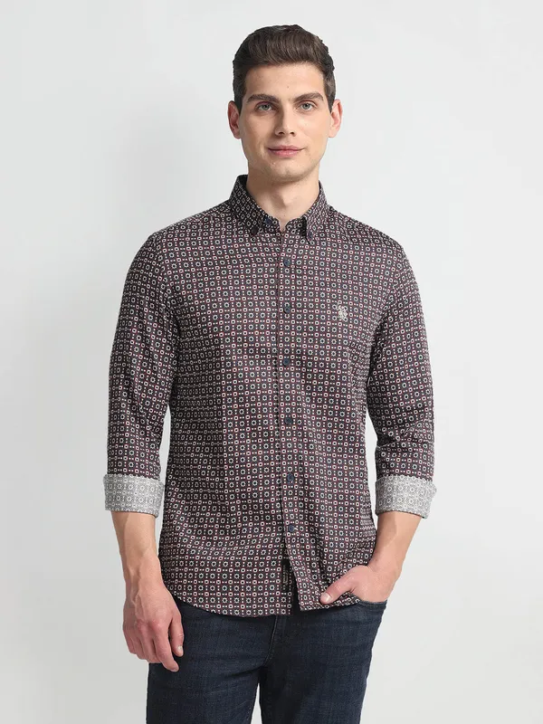 U S POLO ASSN brown cotton printed shirt