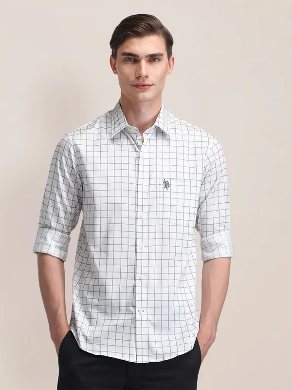 U S POLO ASSN checks pattern white slim fit shirt in cotton