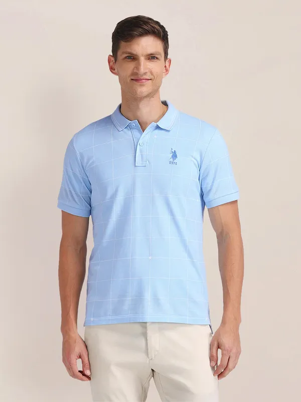 U S POLO ASSN checks sky blue cotton t-shirt