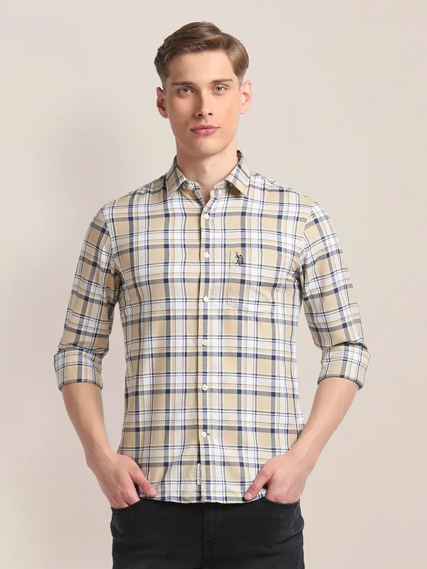 U S POLO ASSN cotton beige checks shirt