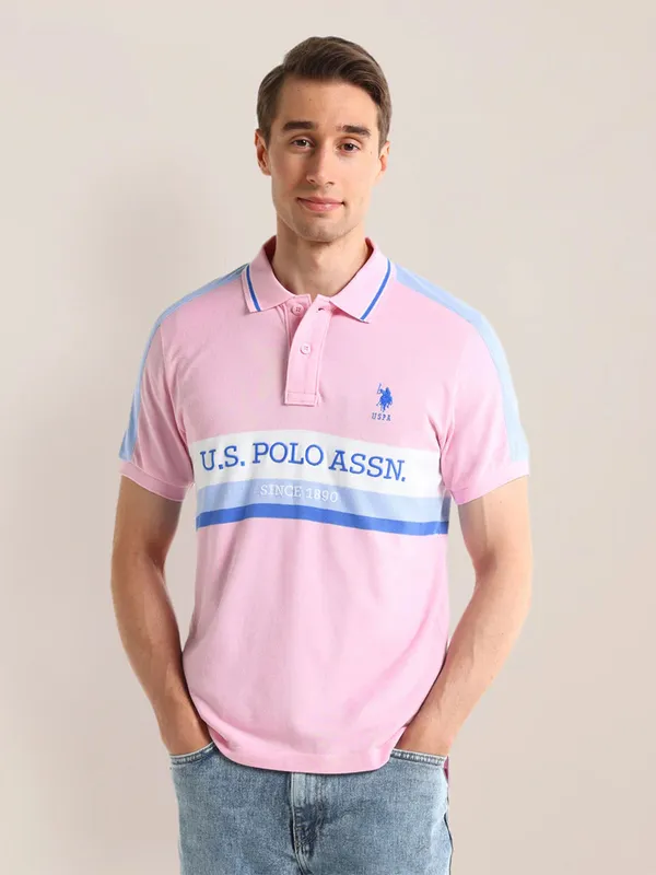 U S POLO ASSN cotton t-shirt with pink colour and polo collar