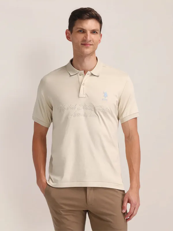 U S POLO ASSN cream plain cotton slim fit t-shirt