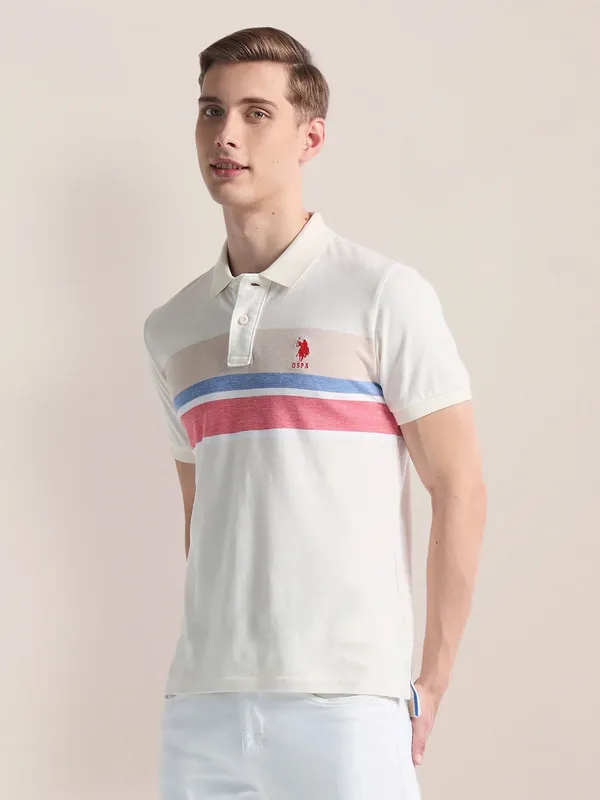 U S POLO ASSN cream printed t-shirt in cotton