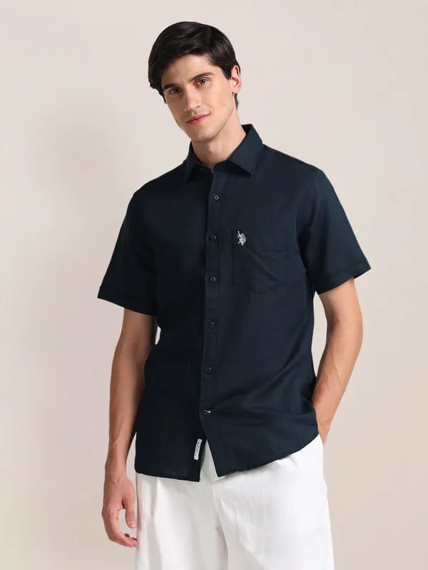 U S POLO ASSN navy plain cotton shirt with half sleeves