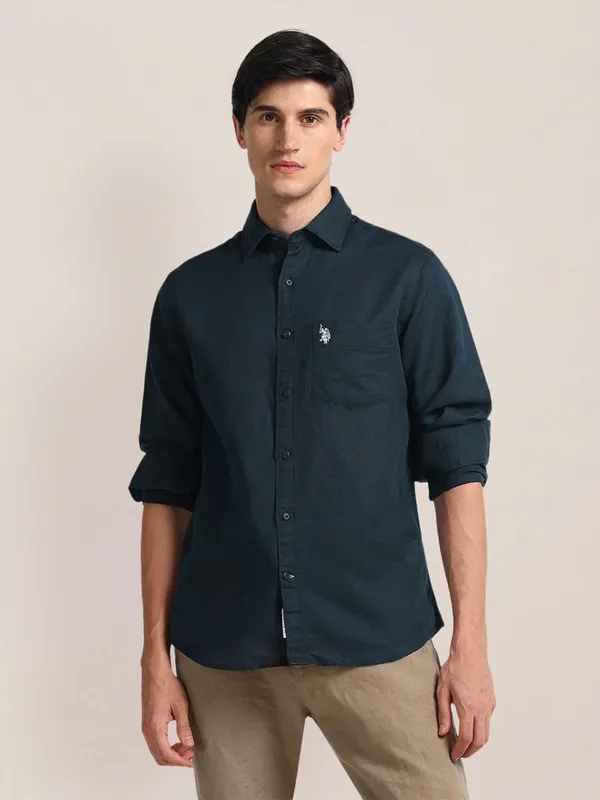 U S POLO ASSN navy plain cotton slim fit shirt