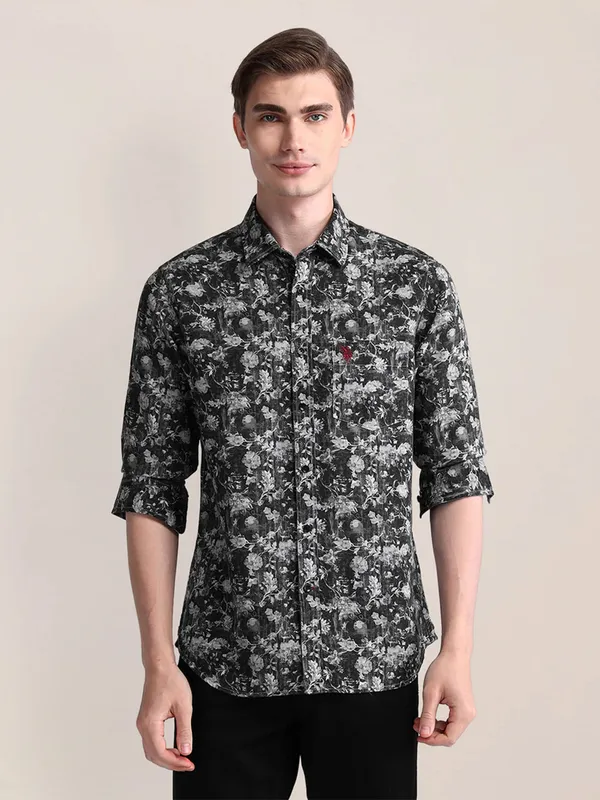 U S POLO ASSN olive printed cotton full sleeve shirt