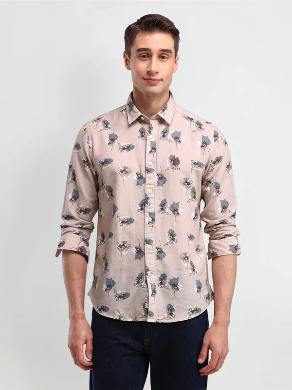 U S POLO ASSN pink printed shirt in cotton fabric
