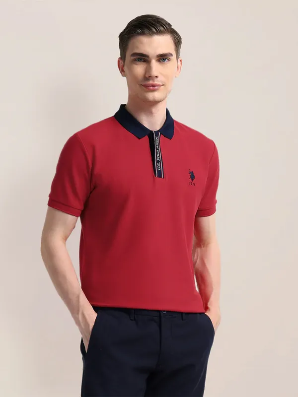 U S POLO ASSN plain red cotton slim fit t-shirt