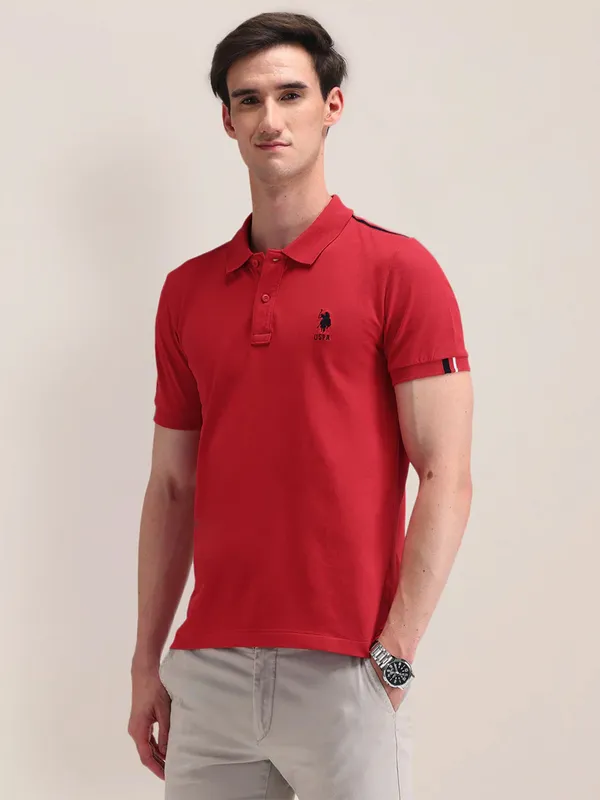 U S POLO ASSN plain red cotton slim fit t-shirt for men