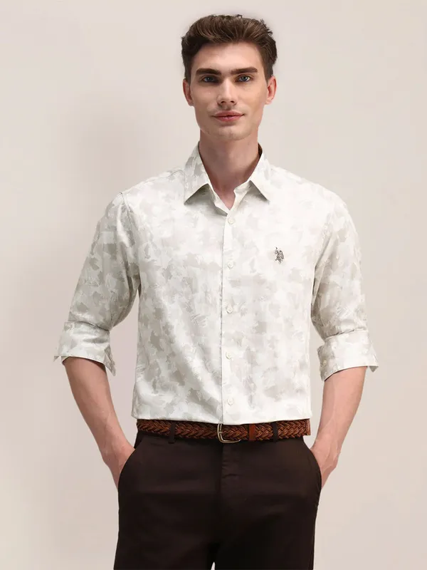 U S POLO ASSN printed  cream colour slim fit shirt in cotton