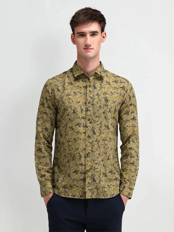 U S POLO ASSN printed olive cotton shirt
