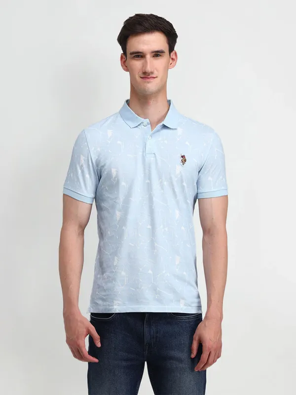 U S POLO ASSN sky blue printed cotton slim fit t-shirt