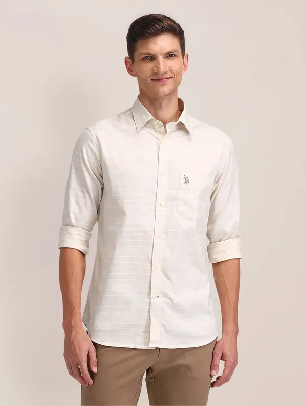 U S POLO ASSN stipe pattern light pink cotton slim fit shirt