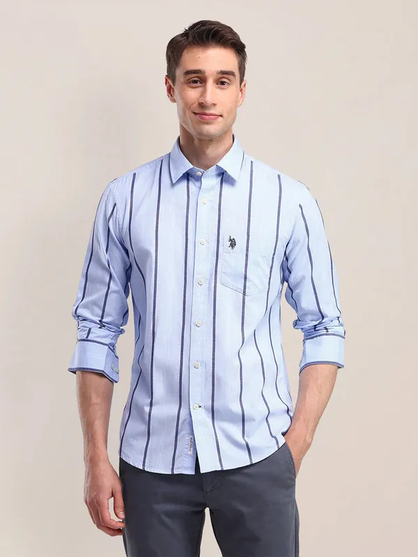 U S POLO ASSN stripe pattern sky blue cotton full sleeve shirt