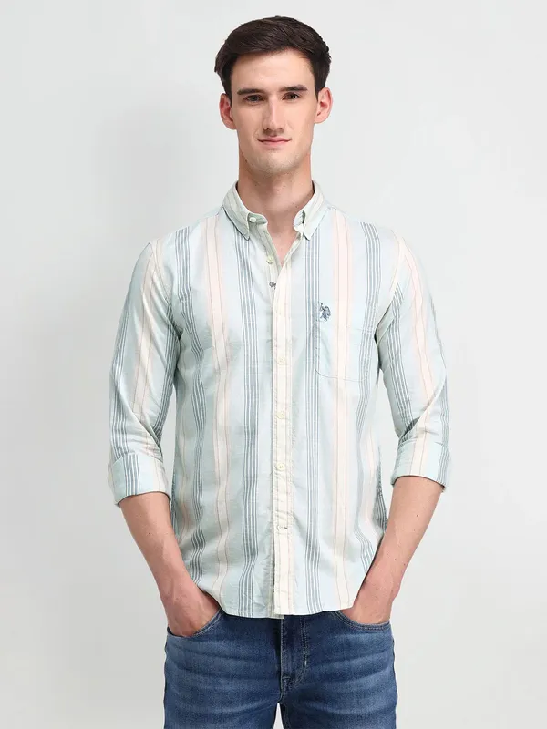 U S POLO ASSN stripe sky blue cotton full sleeve shirt