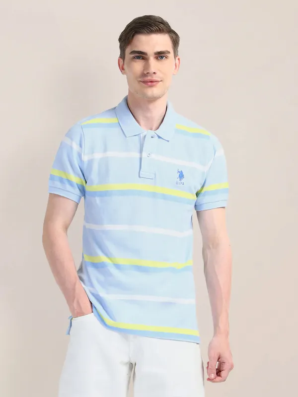 U S POLO ASSN stripe sky blue slim fit t-shirt in cotton