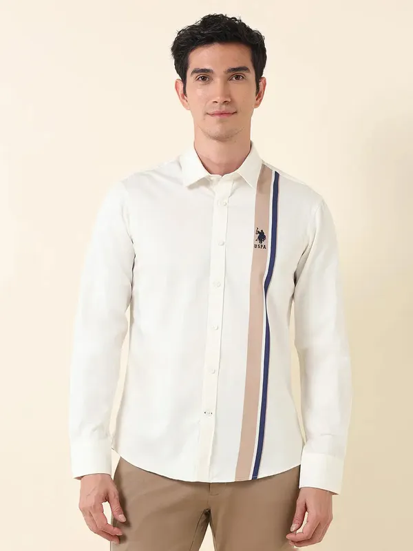 U S POLO beige striped casual wear mens shirt