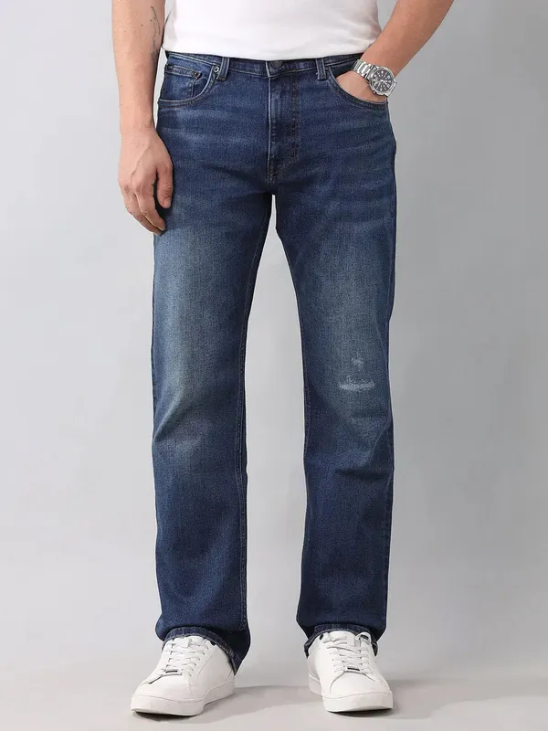 U S POLO blue straight fit washed denim jeans
