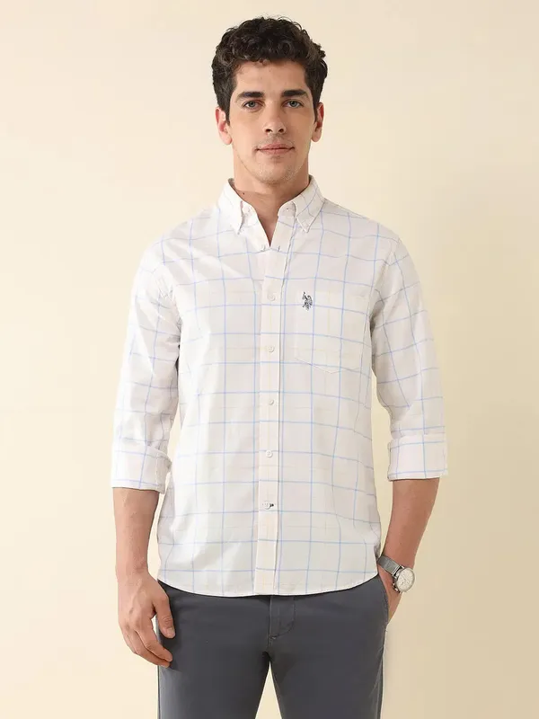 U S POLO ecru beige casual wear flannel shirt for men