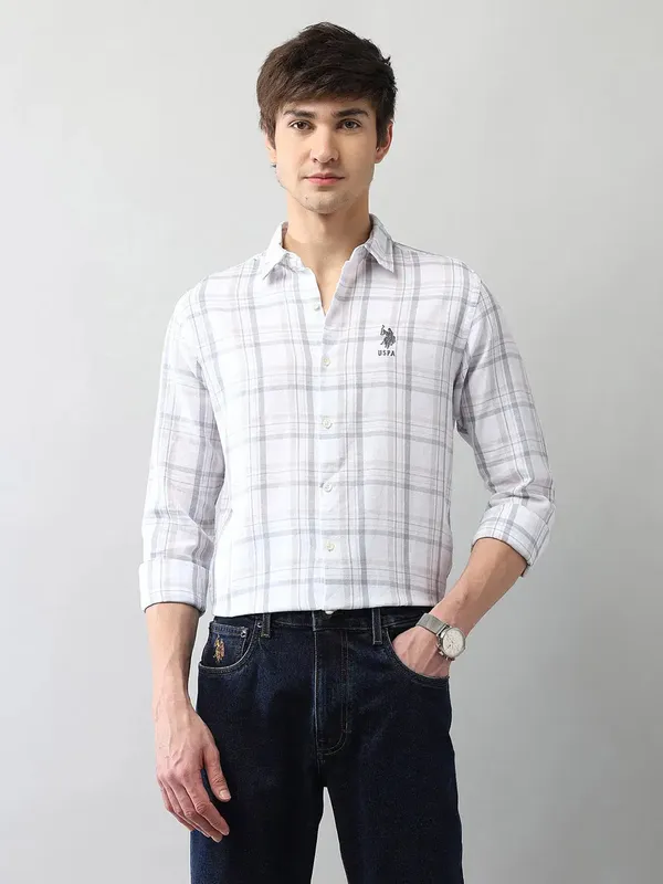 U S POLO ecru beige flannel casual shirt for men