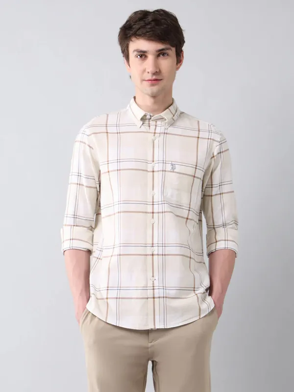 U S POLO ecru beige flannel casual wear slim fit shirt