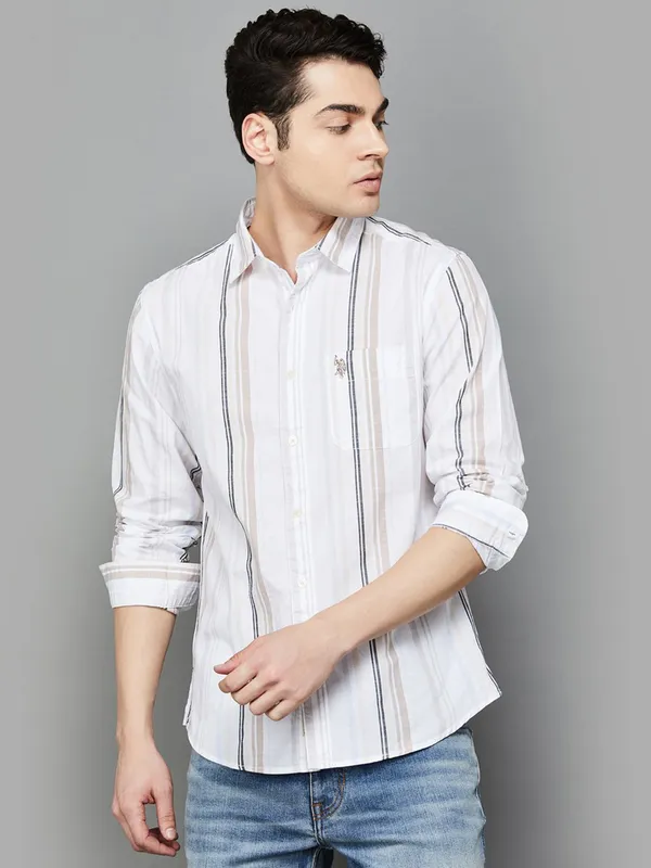 U S POLO ivory cream striped casual wear shirt for men
