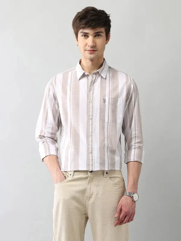 U S POLO khaki striped casual wear shirt for men
