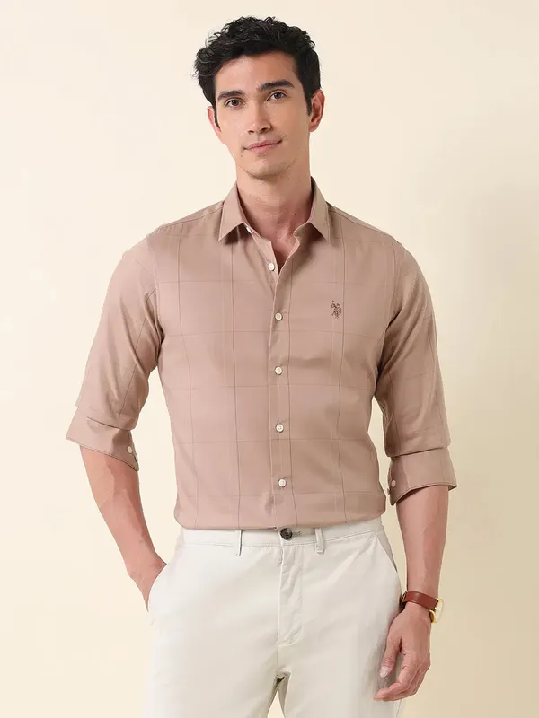 U S POLO light brown checkered slim fit shirt