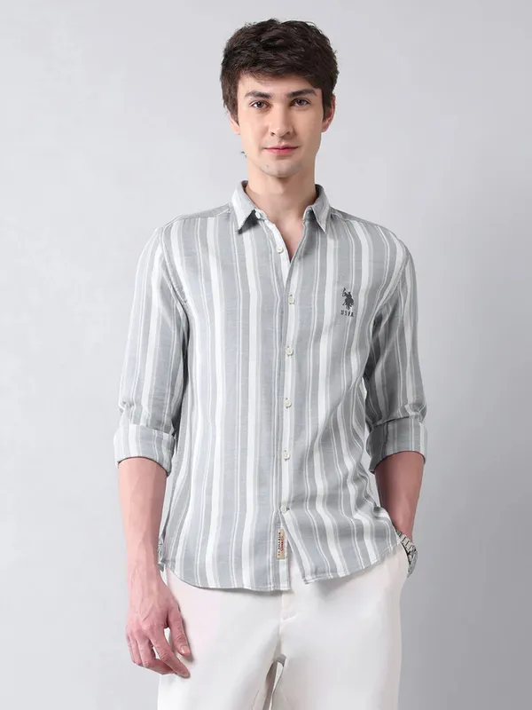 U S POLO light grey striped casual shirt for men