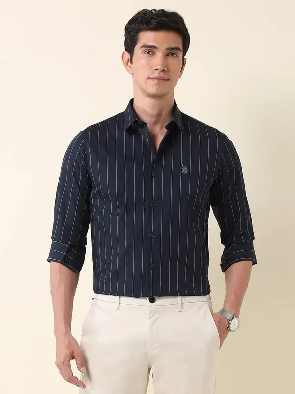 U S POLO navy striped casual wear mens shirt