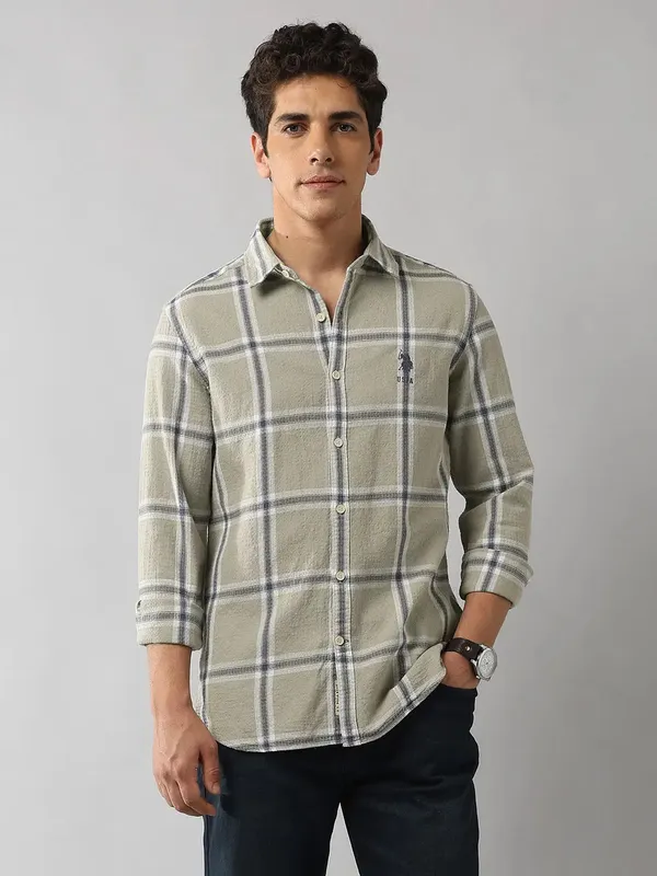 U S POLO olive flannel casual shirt for men